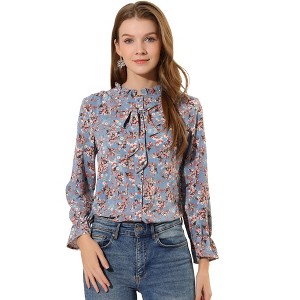 Allegra K Women's Vintage Floral Tie Neck Long Sleeve Ruffled Collar Peasant Blouse - 1 of 4