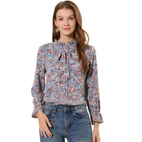 Allegra K Women's Vintage Floral Tie Neck Long Sleeve Ruffled Collar Peasant Blouse - image 1 of 4