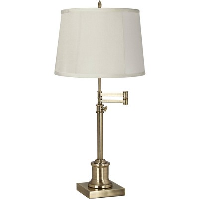 360 Lighting Swing Arm Desk Table Lamp 36" Tall Antique Brass Beige Fabric Drum Shade for Living Room Bedroom Bedside Office Family