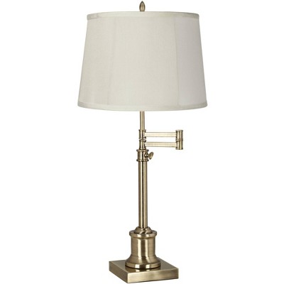 360 Lighting Swing Arm Desk Table Lamp Antique Brass Beige Fabric Drum Shade for Living Room Bedroom Bedside Office Family