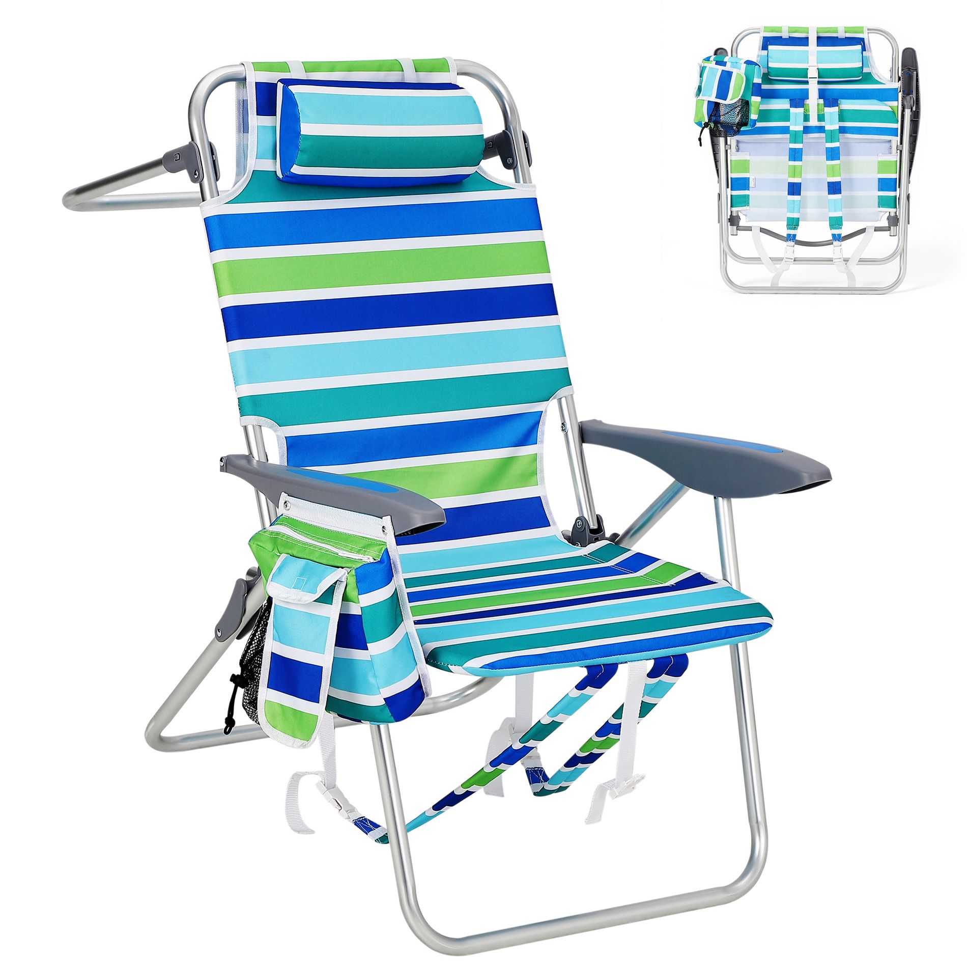 2Pcs Aluminum Frame Beach Chairs with Side Bag, Ice Pack, Rear Storage Pocket, Portable Outdoor Beach Chairs