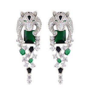 Anna-Kaci Leopard Cheetah Panther Head Zircon 925 Sterling Silver Animal Dangle Drop Earrings for Women - 1 of 4