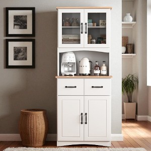 Wooden Kitchen Cabinet Pantry Room Storage Microwave Cabinet with Glass Doors and Drawer - 1 of 4