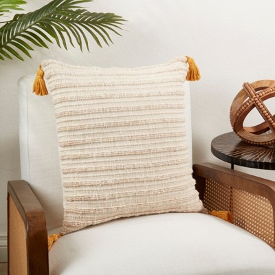 Beige Striped Cotton Woven Throw Pillow Cover with Tassels, 20"x20"