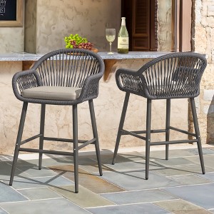 Arceso Outdoor Bar Stools Set of 2, 26.8" H Rattan Outdoor Counter Height Bar Stools, Woven Rope Backrest with Aluminum Legs - 1 of 4