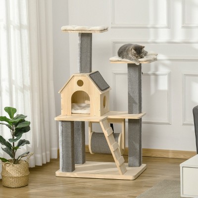 LAOTIES 27"x19"x49" Wooden Cat Tree,Modern Cat Tower with Scratching Posts,Cushioned Perches,Condo Bed And Spinning Toy