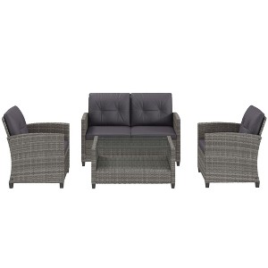 4 Piece PE Rattan Wicker Patio Furniture Set with Two-tier Coffee Table and Cushions - 1 of 4