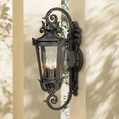 Black Scroll Arm Outdoor Wall Light with Clear Hammered Glass