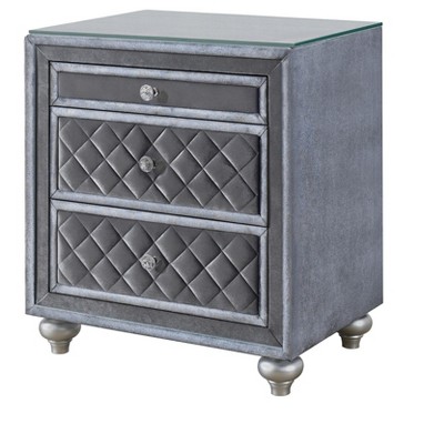 Vynxaria Glam Traditional 3-Drawer Nightstand - 1pc, Velvet Tufted Fronts, Faux Crystal Knobs, Pull-Out Jewelry Tray, Dovetail Construction