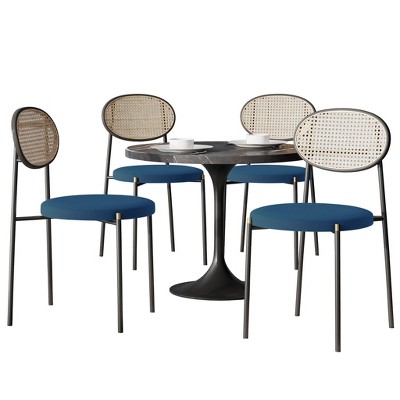 LeisureMod 5-PC Dining Set - 36" Round Dining Table Sintered Stone Top & Black Pedestal, 4 Velvet Dining Chairs in Black Steel Legs