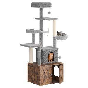 Cat Litter Box Furniture, Cat Tree with Litter Box Enclosure - Hidden Pet Washroom with Sisal Scratching Posts Hammocks Condo Multiple Platforms - 1 of 4