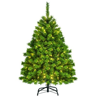 Tangkula Artificial Pre-Lit Christmas Tree, Green Flocked Christmas Hinged Tree w/ Branch Tips & Warm LED lights