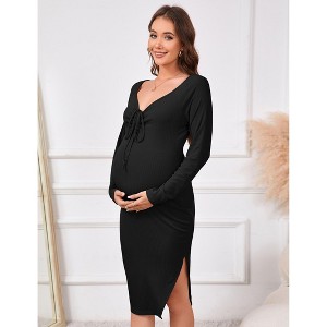 Women's Maternity Long Sleeve Square Neck Tie Front Bodycon Pencil Dress - 1 of 4