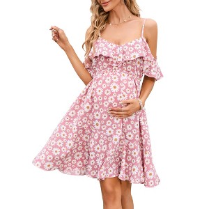 Maternity Nursing Dress Womens V-Neck Spaghetti Strap Ruffle Sleeve Daisy Floral Printed A-Line Tiered Flowy Swing Dress - 1 of 4