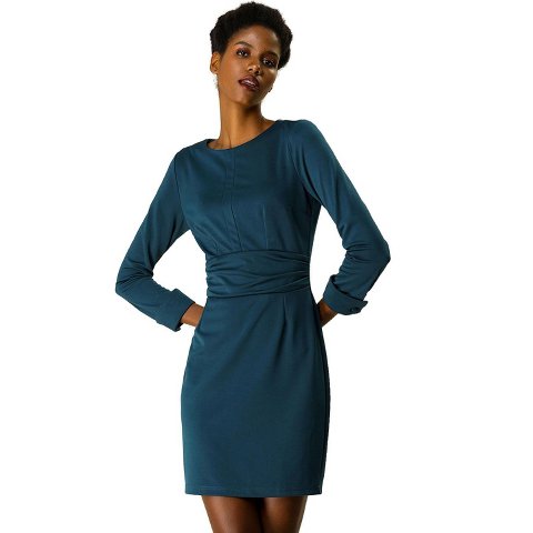 Женские платья INSPIRE CHIC Women's Crew Neck Ruched Waist 3/4 Sleeves Mini Sheath Dress Medium Dark Teal