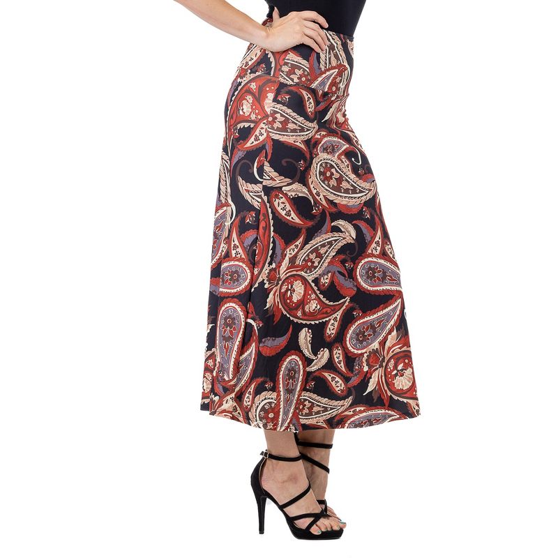 24seven Comfort Apparel Womens Black and Red Paisley Print Maxi Skirt, 2 of 5