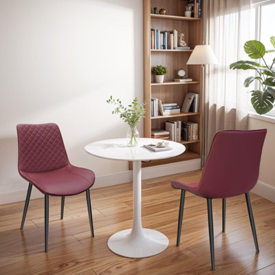 MAYEERTY Red PU Leather Dining Chair with Metal Legs, Chequer Upholstered Armless Chairs Set of 2