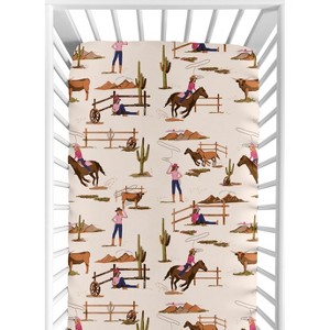 Sweet Jojo Designs Girl Baby Fitted Crib Sheet Western Cowgirl Pink Brown Beige Blue - 1 of 4