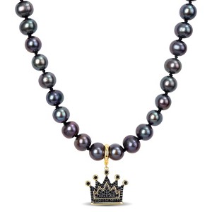 EVERLY JEWELRY |Mens Yellow Plated Sterling Silver 7 mm Black Cultured Freshwater Pearl and 3/8ct TDW Black Diamond Crown Necklace - 19+2 in - 1 of 4