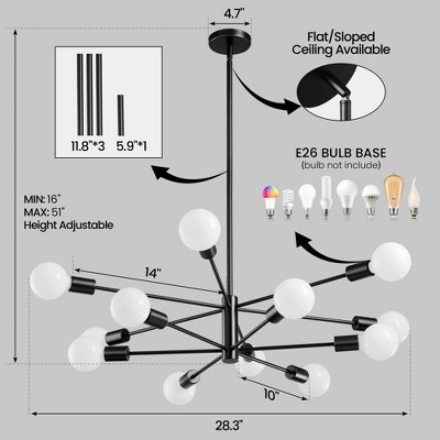 KAISITE 12-Light Mid-Century Sputnik Chandelier in Brushed Brass, A Dazzling Centerpiece for Grand Spaces