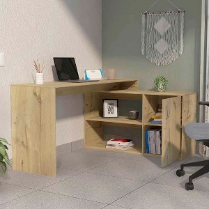 PAGED L-Shaped Writing Desk, Two Shelves and Single Door Cabinet, with 2 Open Shelves and Storage Cabinet for Office, Study, Brown - 1 of 4