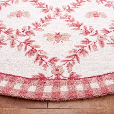 Ivory and Rose Floral Hand-Knotted Wool Round Rug