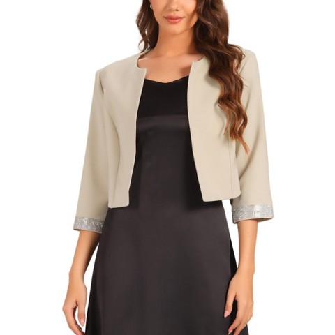 INSPIRE CHIC Women's Half Sleeve Open Front Collarless Cropped Blazer Beige X-Large