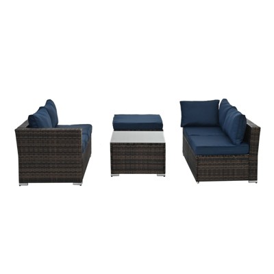 GlasFlength 3PCS Patio Seating Rattan Furniture Set Sectional Sofa Cushioned Garden, Tempered Glass Table, Blue, 51.1"*27.5"*25.62"