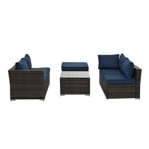GlasFlength 3PCS Patio Seating Rattan Furniture Set Sectional Sofa Cushioned Garden, Tempered Glass Table, Blue, 51.1"*27.5"*25.62" - 1 of 4