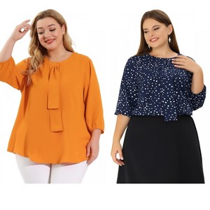 Women's Plus Size 2 Pieces 3/4 Sleeves Round Neck Ruffle Chiffon Work Blouse - Agnes Orinda - 1 of 4