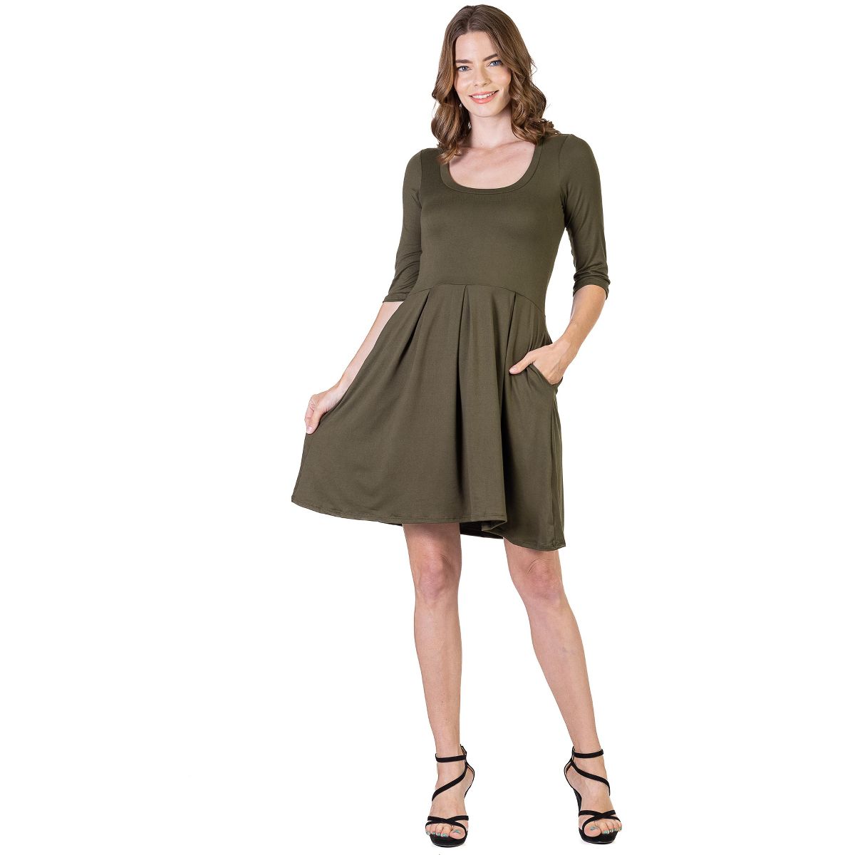 Womens Scoop Neck Three Quarter Sleeve Fit N Flare Knee Length Dress - 24seven Comfort Apparel™ - thumbnail 9
