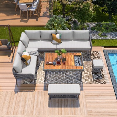 6-Piece Outdoor Rope Patio Conversation Set, L-Shaped Sectional Sofa with Deep Cushions and Acacia Wood Table with Ice Box – Maison Boucle