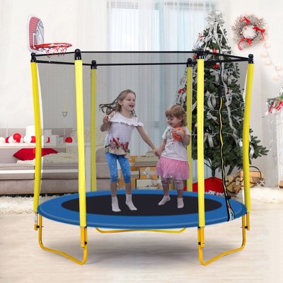 HFYee Trampoline Indoor 65" Mini Toddler Trampoline for Kids with Outdoor and Indoor Dual-use, Enclosure, Basketball Hoop and Ball Included, Yellow