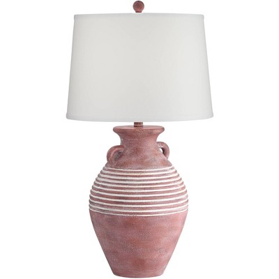 Rustic Red Sandstone Table Lamp with Linen Drum Shade