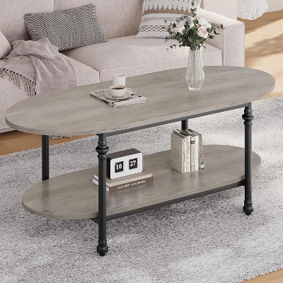 Oval 2-Tier Coffee Table with Storage, 47.2" Mid Century Grey Center Table, Modern Wood & Metal Cocktail Table for Living Room or Office