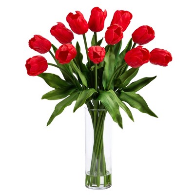Nearly Natural 23-in Artificial Tulip Arrangement with Cylinder Glass Vase, Red