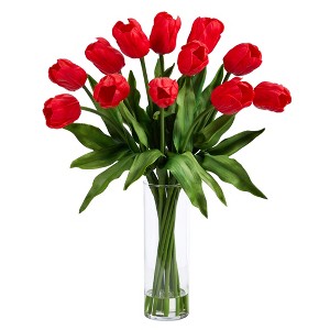 Nearly Natural 23-in Artificial Tulip Arrangement with Cylinder Glass Vase, Red - 1 of 4