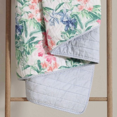 Twin Blue Cotton Reversible Quilt Set with Botanical Pattern
