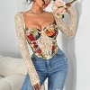 Women's Summer Casual Sheer Mesh Long Sleeve Vintage Floral Corset Top Lace-Up V Neck Backless T-Shirt Slim Fit Tops with Underwire - 2 of 4