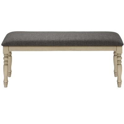 Antique Gray 48" Upholstered Wood Bench with Turned Legs