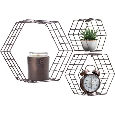 Sorbus Metal Wire Hexagon Design Wall Mounted Floating Shelves, Set of 3 - Bronze