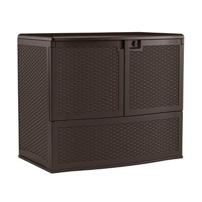 Suncast 195 Gallon Resin Wicker Patio Oasis Storage & Entertaining Station, Java