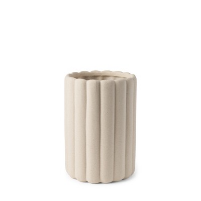 HomeRoots 11" Beige Cylinder Ribbed Texture Ceramic Table Vase