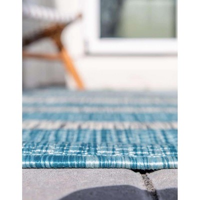 Aqua Blue and Ivory Stripe 6' x 9' Easy-Care Outdoor Rug