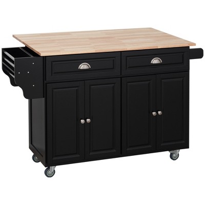 HOMCOM Rolling Kitchen Island on Wheels, Kitchen Cart with Solid Wood Drop Leaf Breakfast Bar, Storage Drawers, 4-Door Cabinets, Spice Rack
