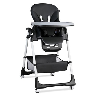 Kinder King Foldable High Chair for Babies & Toddlers, Adjustable Height, Recline, Storage Basket, Detachable Trays, 4 Lockable Wheels