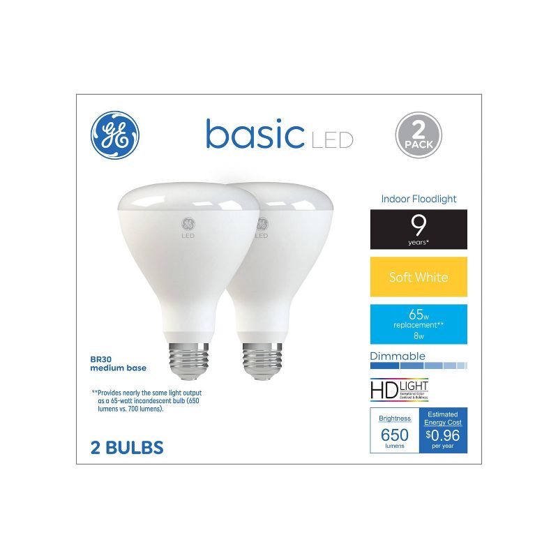 GE 2pk 8 Watts Soft White Medium Base LED Basic Indoor Floodlight Bulbs, 1 of 7
