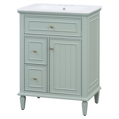 Vynxaria 24" Green Bathroom Vanities Vanity Console with Flip-Out Drawer & Triple Storage 33.3"H