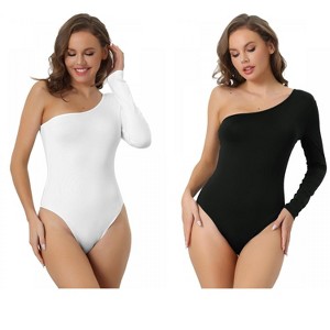 Allegra K Women's One Shoulder Stretchy Long Sleeve One Piece Body Shapers 2 Packs - 1 of 4