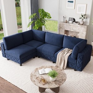 Acekool 134" Modular Sectional Sofa, 4-Seat L-Shaped Velvet Couch with High-Density Cushions, Upholstered Cloud Sofa,Blue - 1 of 4